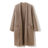 Womens Long Cable Knit Cashmere Cardigan Open Front Coat With Pockets
