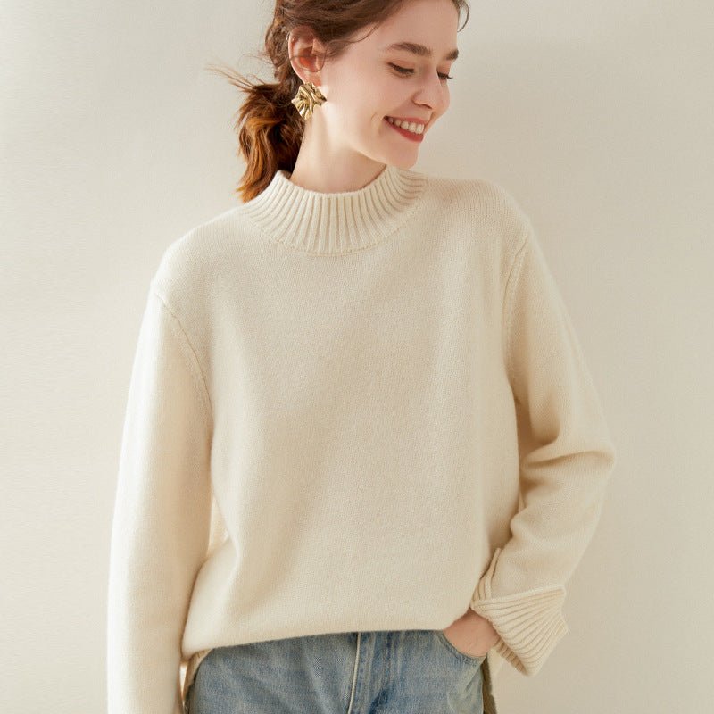 Womens Mock Neck Cashmere Sweater Drop Shoulder Cashmere Pullover Ivory XS