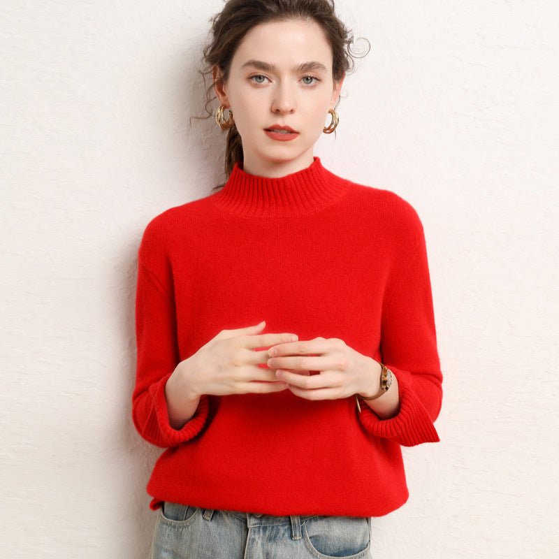 Womens Mock Neck Cashmere Sweater Drop Shoulder Cashmere Pullover Red XS