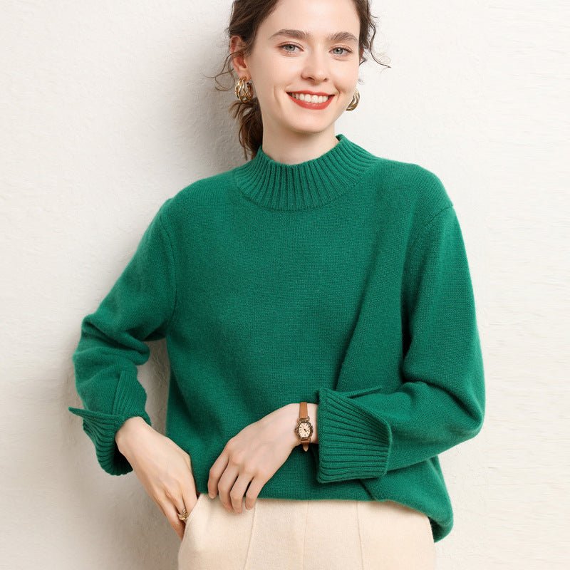 Womens Mock Neck Cashmere Sweater Drop Shoulder Cashmere Pullover Green XS