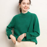Womens Mock Neck Cashmere Sweater Drop Shoulder Cashmere Pullover Green XS
