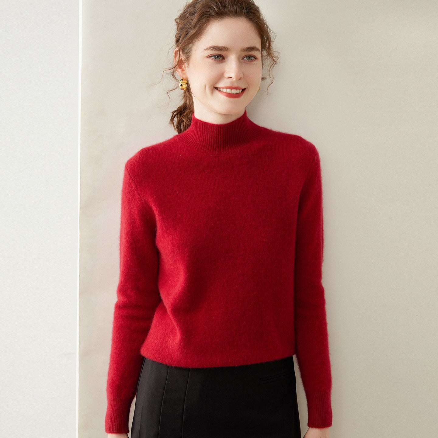 Womens Mock Neck Cashmere Sweater Long Sleeve Cashmere Pullover Multi Colors Claret XS