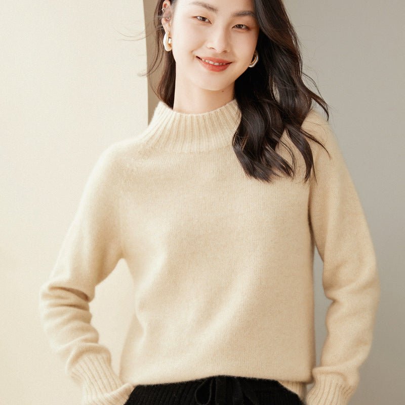 Womens Mock Neck Cashmere Sweater Long Sleeve Cashmere Pullover Beige XS