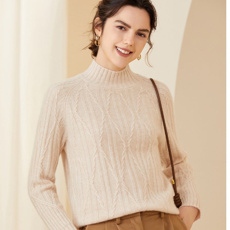 Womens Crew Neck Textured Cable Knit Long Sleeve Cashmere Sweater