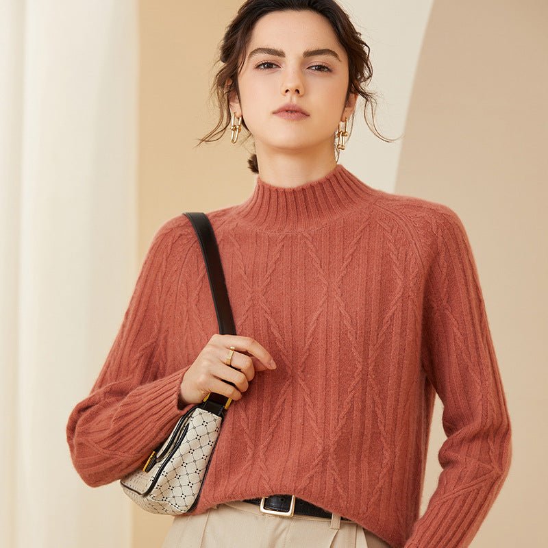 Womens Crew Neck Textured Cable Knit Long Sleeve Cashmere Sweater