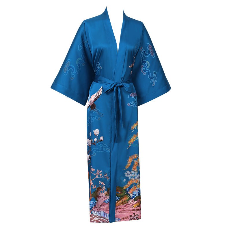 Phoenix And Crane Silk Kimono Robe Oriental Inspired Silk Kimono Blue One size fits most