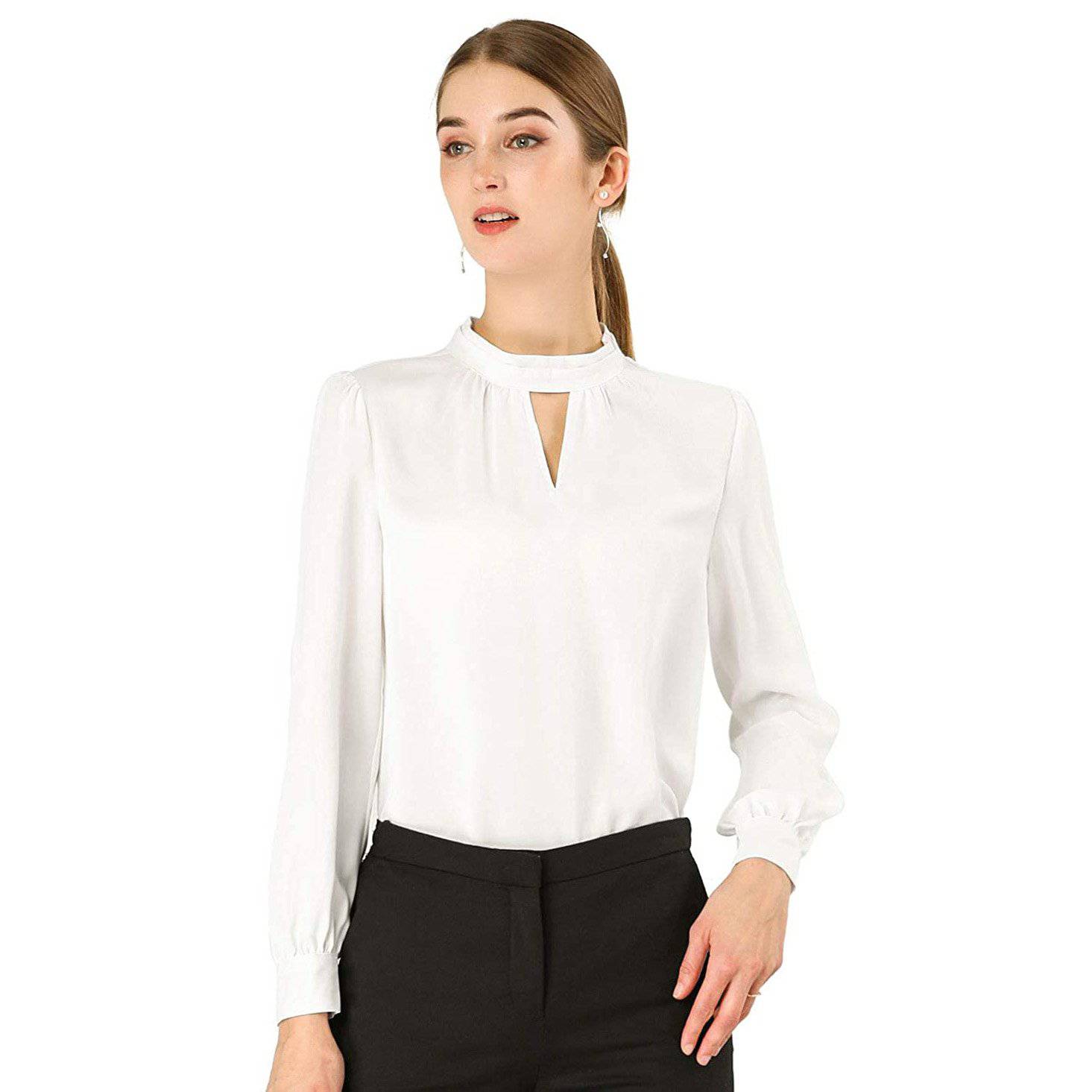 Women's Office Silk Shirt Keyhole Elegant Stand Collar Long Sleeve Silk Blouses Dark Blue XS