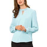 Women's Office Silk Shirt Keyhole Elegant Stand Collar Long Sleeve Silk Blouses Dark Blue XS