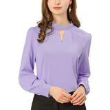 Women's Office Silk Shirt Keyhole Elegant Stand Collar Long Sleeve Silk Blouses Dark Blue XS