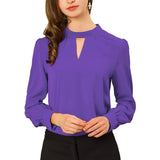 Women's Office Silk Shirt Keyhole Elegant Stand Collar Long Sleeve Silk Blouses Dark Blue XS