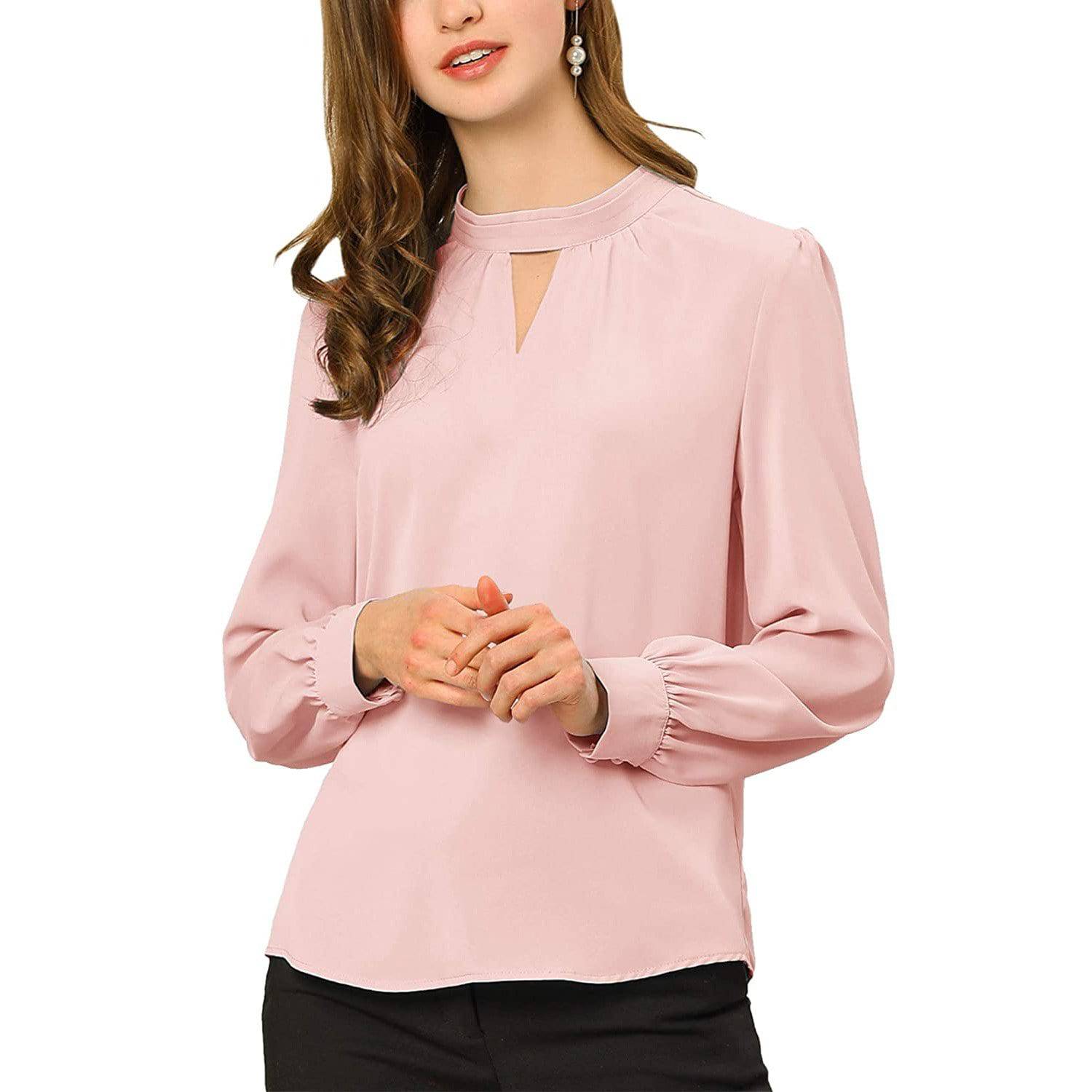 Women's Office Silk Shirt Keyhole Elegant Stand Collar Long Sleeve Silk Blouses Dark Blue XS