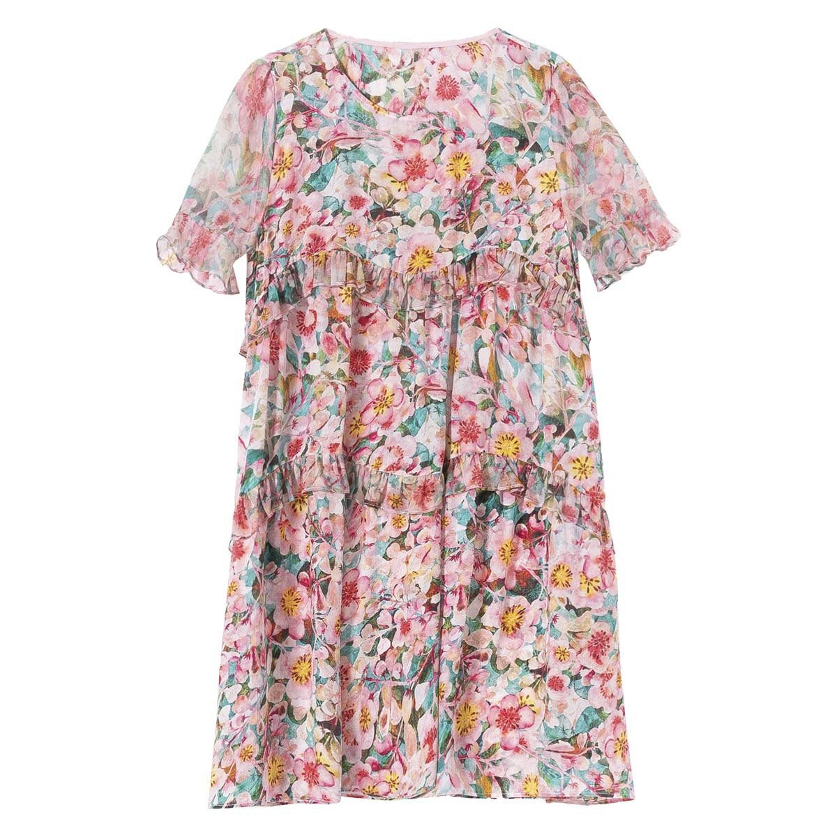 Womens Pink Floral Silk Mini Dress Tiered Ruffle Loose Silk Dress
