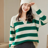 Womens Striped Polo Neck Cashmere Sweater V Neck Pullover Tops