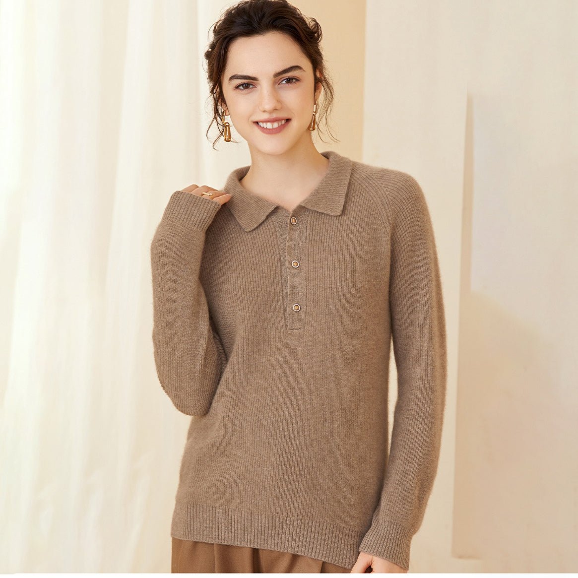 Womens Ribbed Cashmere Polo Sweater Button - Up Long Sleeves Sweater