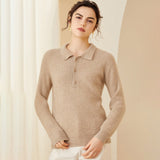 Womens Ribbed Cashmere Polo Sweater Button - Up Long Sleeves Sweater