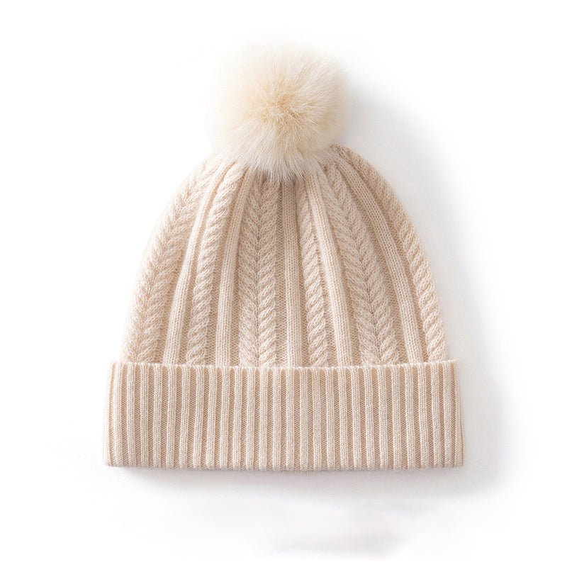 Womens Pom Cashmere Beanie Soft Rib Cashmere Knit Hat Fold Cuff Beige M