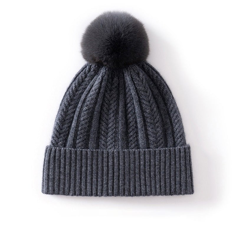 Womens Pom Cashmere Beanie Soft Rib Cashmere Knit Hat Fold Cuff Grey M