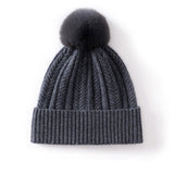 Womens Pom Cashmere Beanie Soft Rib Cashmere Knit Hat Fold Cuff Grey M