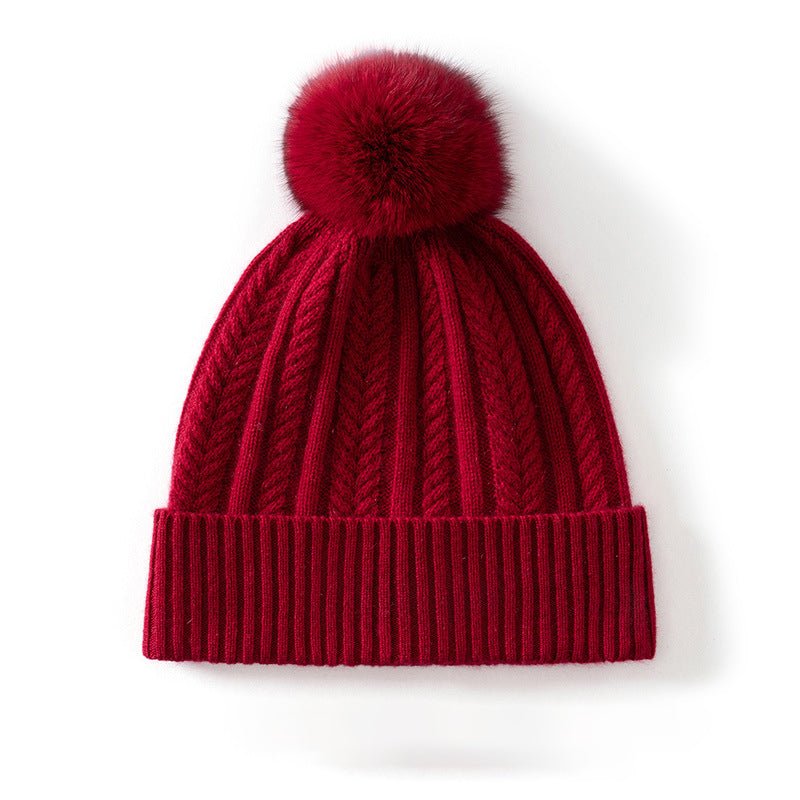 Womens Pom Cashmere Beanie Soft Rib Cashmere Knit Hat Fold Cuff Claret M