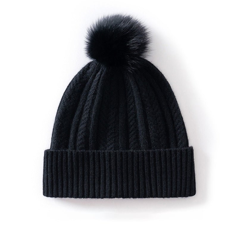 Womens Pom Cashmere Beanie Soft Rib Cashmere Knit Hat Fold Cuff Black M