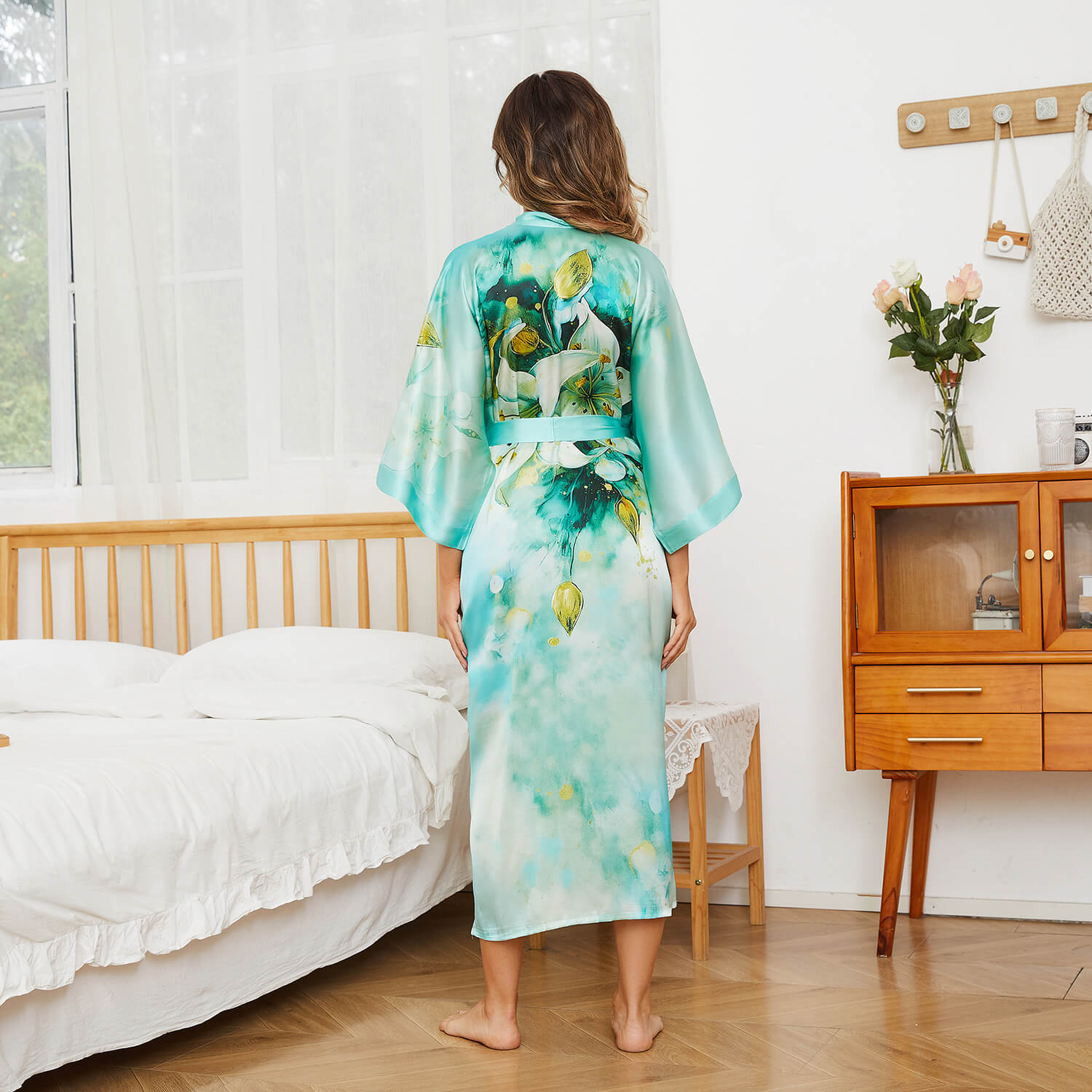 Womens Pure Silk Kimono Robes Long Floral Print Silk Robes