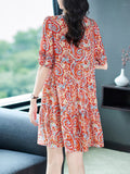 Womens Retro Silk Dress with Red Paisley Print Short Silk Dress