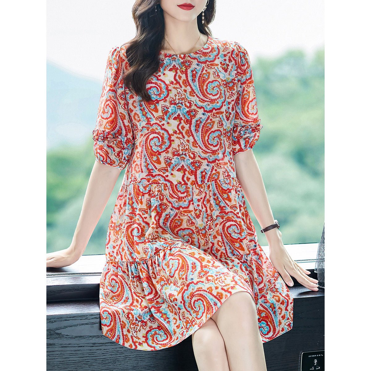 Womens Retro Silk Dress with Red Paisley Print Short Silk Dress