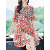 Womens Retro Silk Dress with Red Paisley Print Short Silk Dress