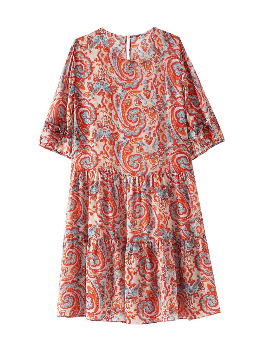 Womens Retro Silk Dress with Red Paisley Print Short Silk Dress