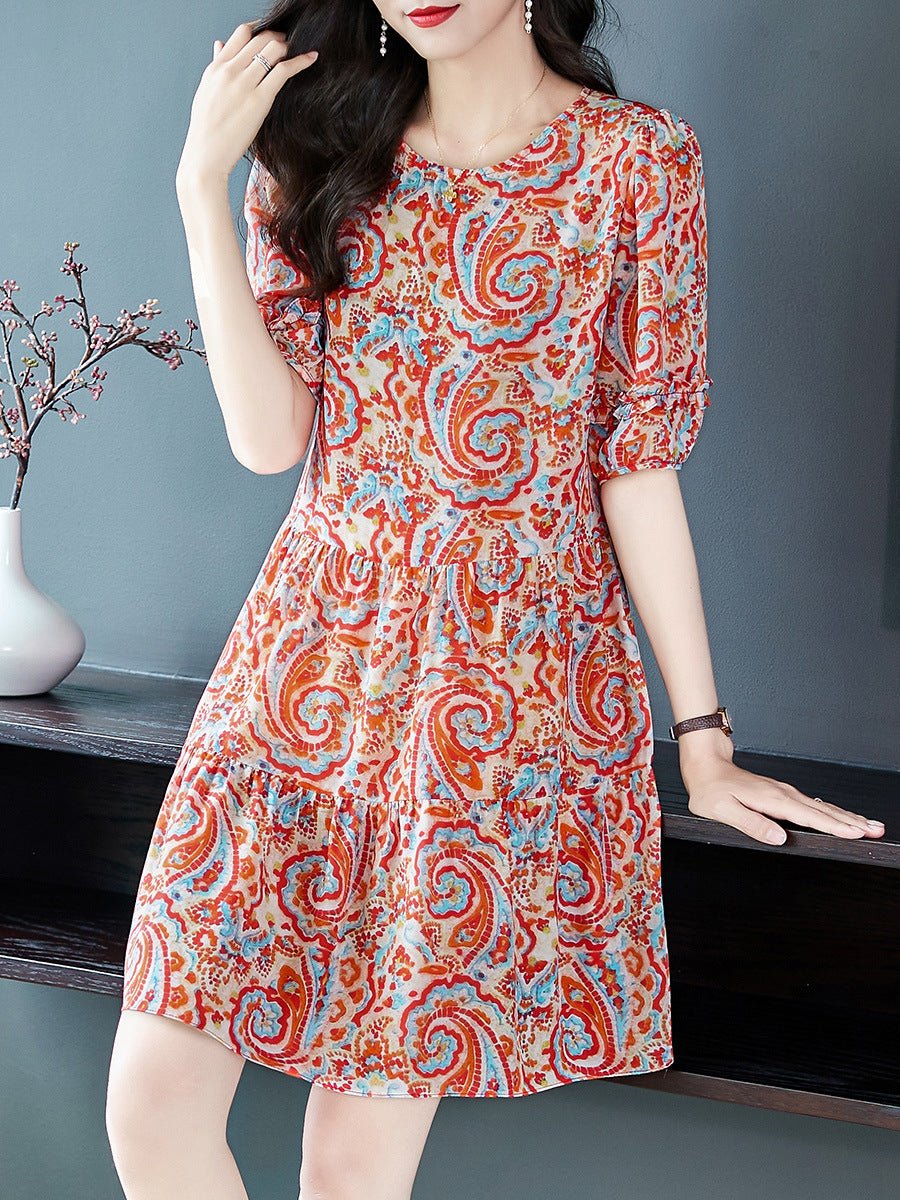 Womens Retro Silk Dress with Red Paisley Print Short Silk Dress