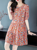 Womens Retro Silk Dress with Red Paisley Print Short Silk Dress