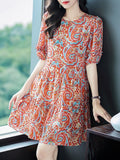 Womens Retro Silk Dress with Red Paisley Print Short Silk Dress