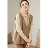 Womens V - Neck Sleeveless Cashmere Vest Ribbed Trim Cashmere Waistcoat Taupe XS