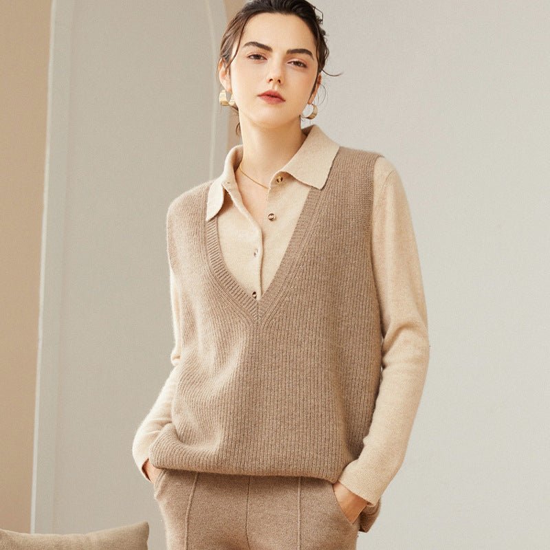 Womens V - Neck Sleeveless Cashmere Vest Ribbed Trim Cashmere Waistcoat Taupe XS