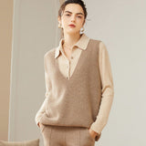 Womens V - Neck Sleeveless Cashmere Vest Ribbed Trim Cashmere Waistcoat Taupe XS