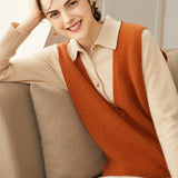 Womens V - Neck Sleeveless Cashmere Vest Ribbed Trim Cashmere Waistcoat Camel XS