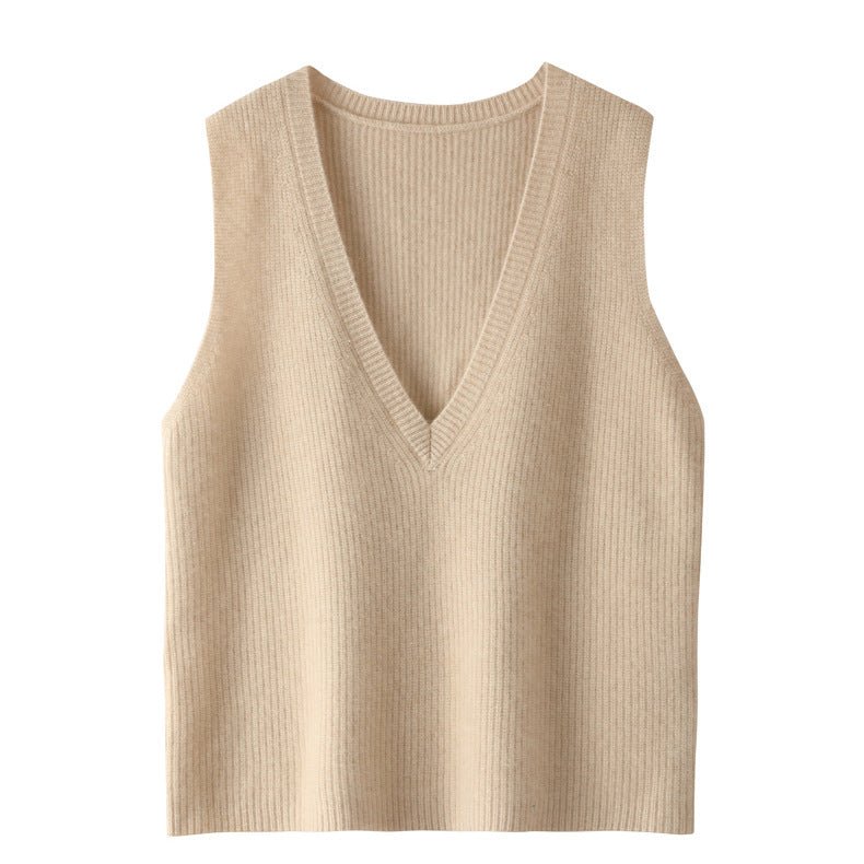 Womens V - Neck Sleeveless Cashmere Vest Ribbed Trim Cashmere Waistcoat Beige XS