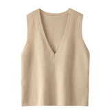 Womens V - Neck Sleeveless Cashmere Vest Ribbed Trim Cashmere Waistcoat Beige XS