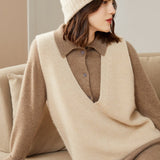 Womens V - Neck Sleeveless Cashmere Vest Ribbed Trim Cashmere Waistcoat Beige XS