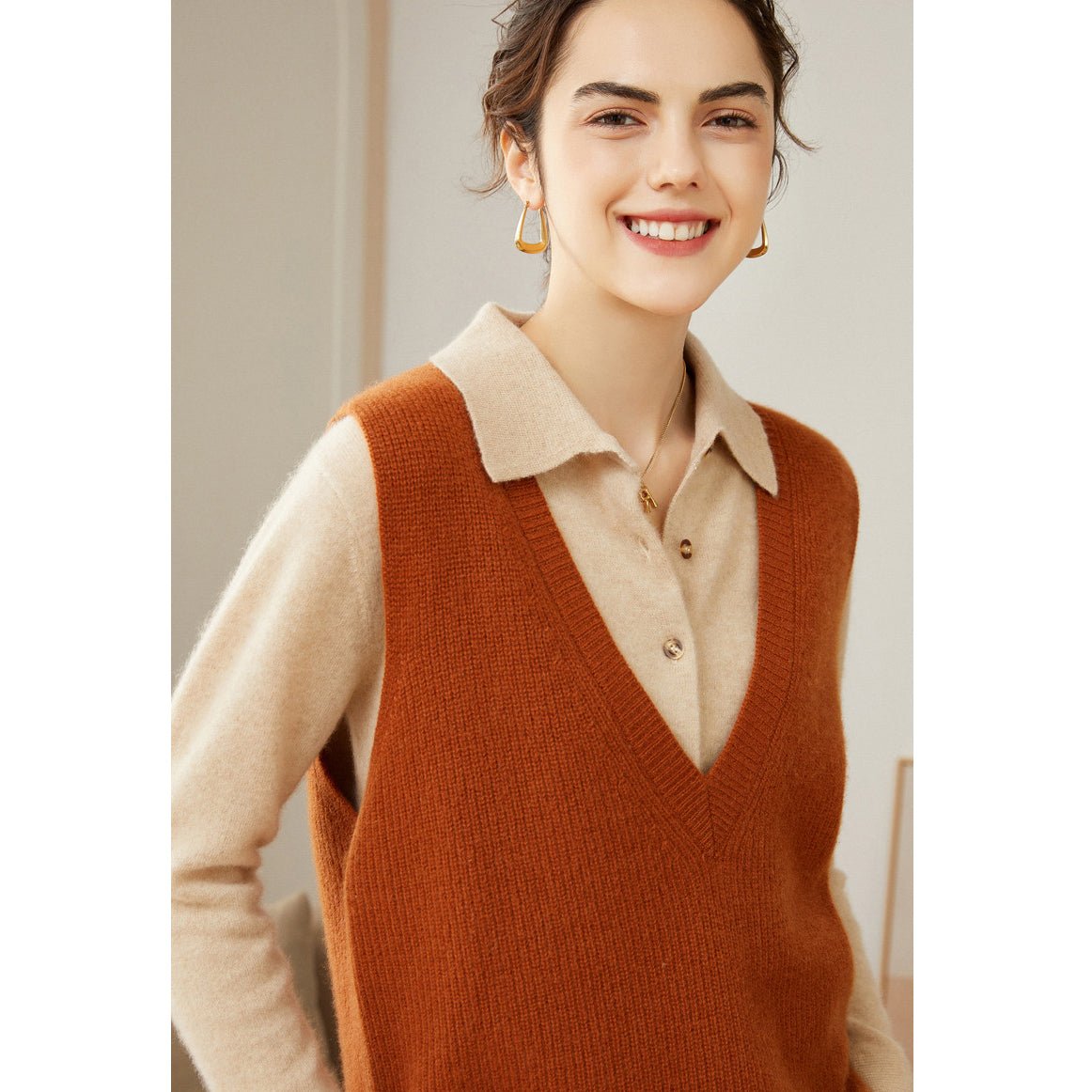 Womens V - Neck Sleeveless Cashmere Vest Ribbed Trim Cashmere Waistcoat Camel XS