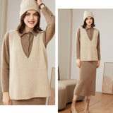 Womens V - Neck Sleeveless Cashmere Vest Ribbed Trim Cashmere Waistcoat Beige XS