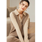 Womens V - Neck Sleeveless Cashmere Vest Ribbed Trim Cashmere Waistcoat Taupe XS