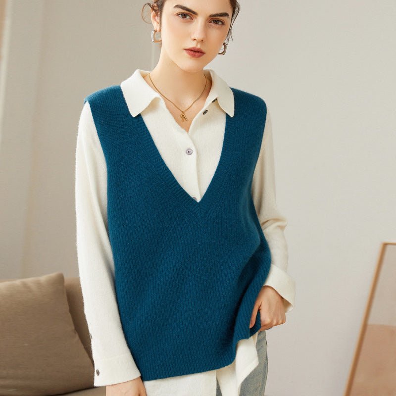 Womens V - Neck Sleeveless Cashmere Vest Ribbed Trim Cashmere Waistcoat Ocean Blue XS