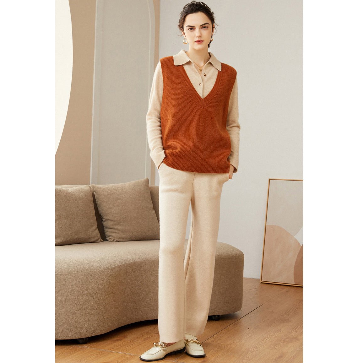 Womens V - Neck Sleeveless Cashmere Vest Ribbed Trim Cashmere Waistcoat Camel XS