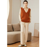 Womens V - Neck Sleeveless Cashmere Vest Ribbed Trim Cashmere Waistcoat Camel XS