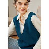 Womens V - Neck Sleeveless Cashmere Vest Ribbed Trim Cashmere Waistcoat Ocean Blue XS