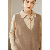Womens V - Neck Sleeveless Cashmere Vest Ribbed Trim Cashmere Waistcoat Taupe XS