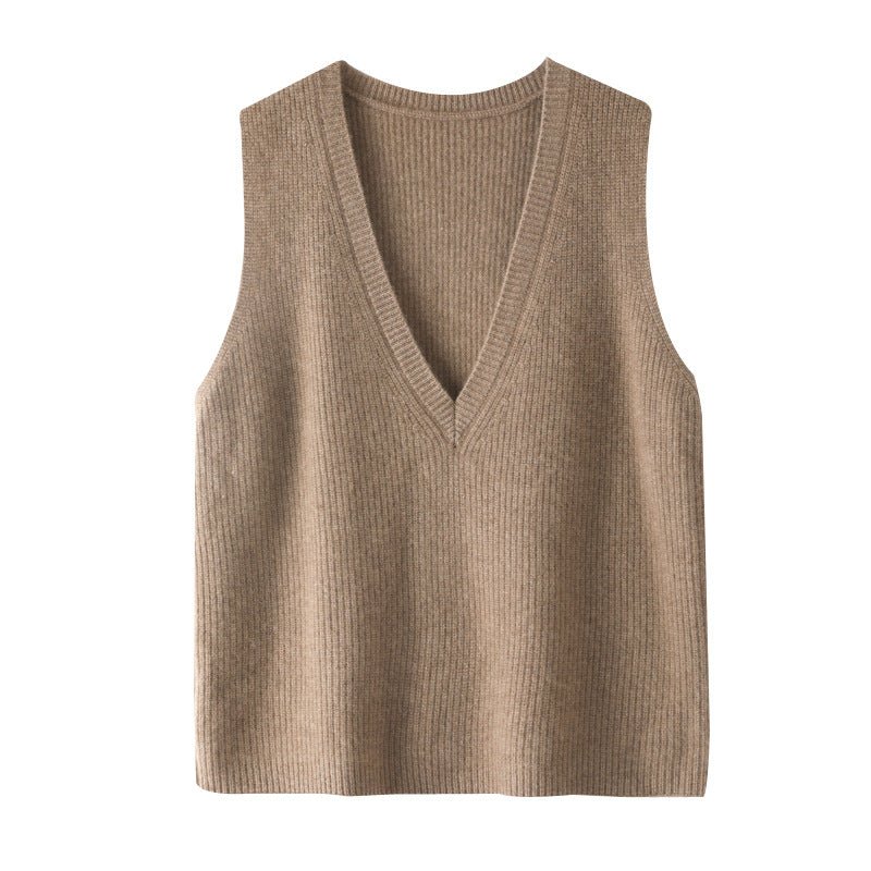 Womens V - Neck Sleeveless Cashmere Vest Ribbed Trim Cashmere Waistcoat Taupe XS