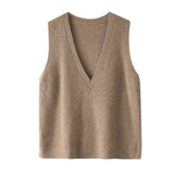 Womens V - Neck Sleeveless Cashmere Vest Ribbed Trim Cashmere Waistcoat Taupe XS
