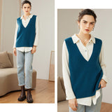 Womens V - Neck Sleeveless Cashmere Vest Ribbed Trim Cashmere Waistcoat Ocean Blue XS